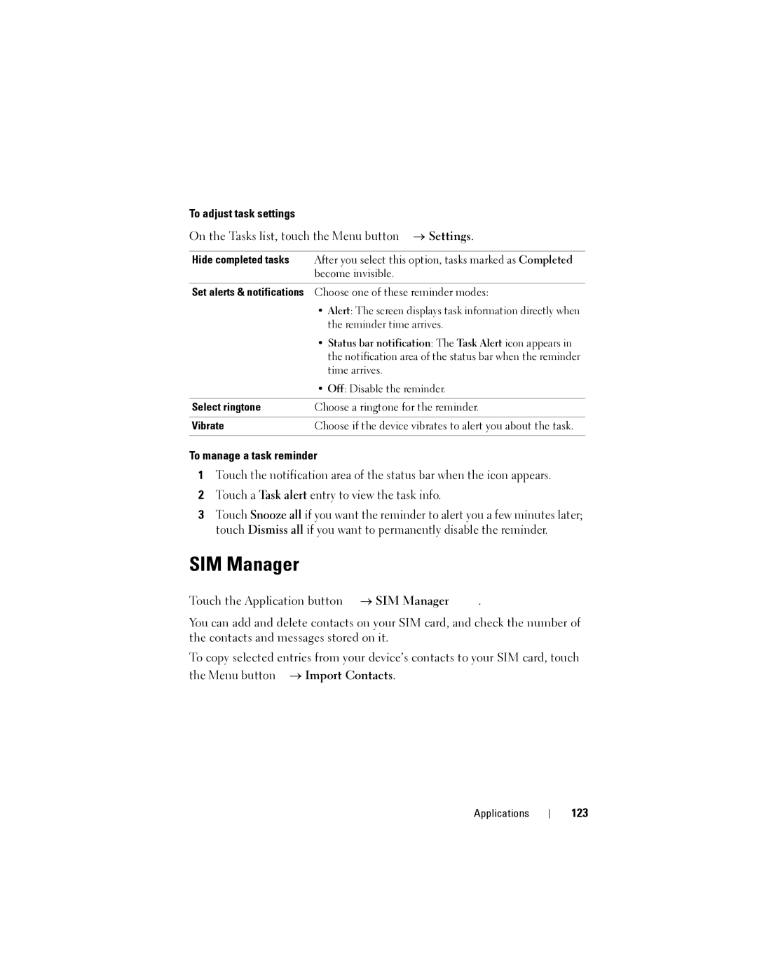 Dell Streak user manual SIM Manager, To adjust task settings, To manage a task reminder, 123 