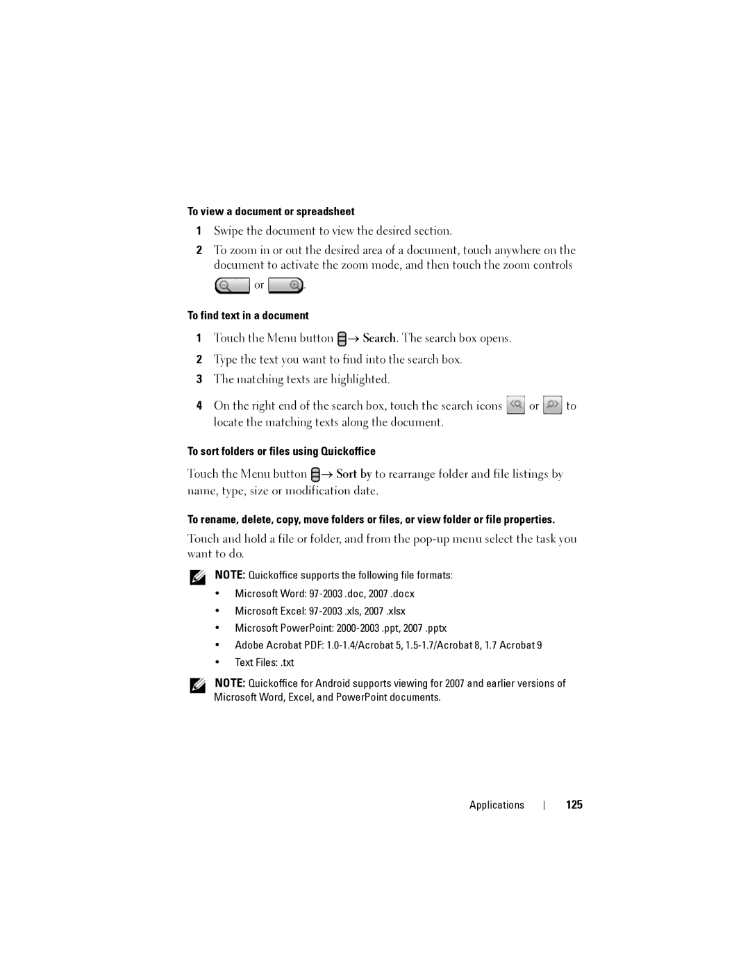 Dell Streak To view a document or spreadsheet, To find text in a document, To sort folders or files using Quickoffice, 125 