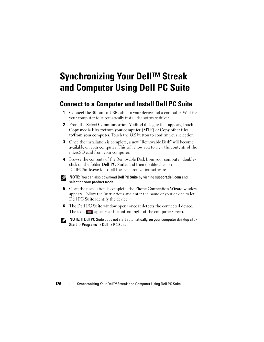 Dell Streak user manual Connect to a Computer and Install Dell PC Suite, 126 