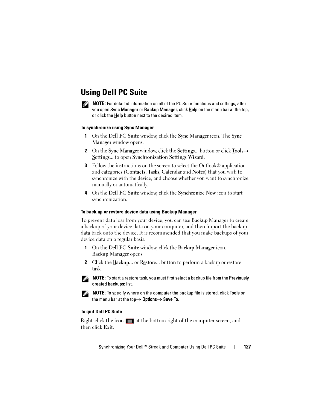 Dell Streak Using Dell PC Suite, To synchronize using Sync Manager, To back up or restore device data using Backup Manager 