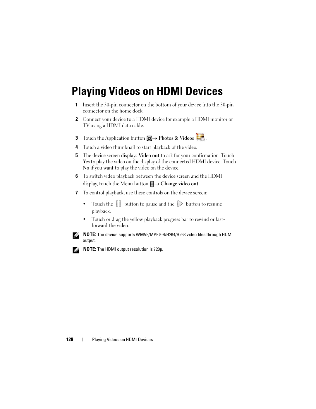 Dell Streak user manual Playing Videos on Hdmi Devices, 128 