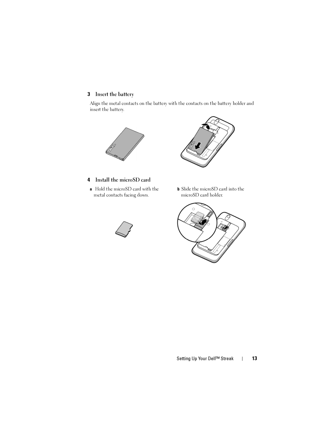 Dell Streak user manual Insert the battery, Install the microSD card 