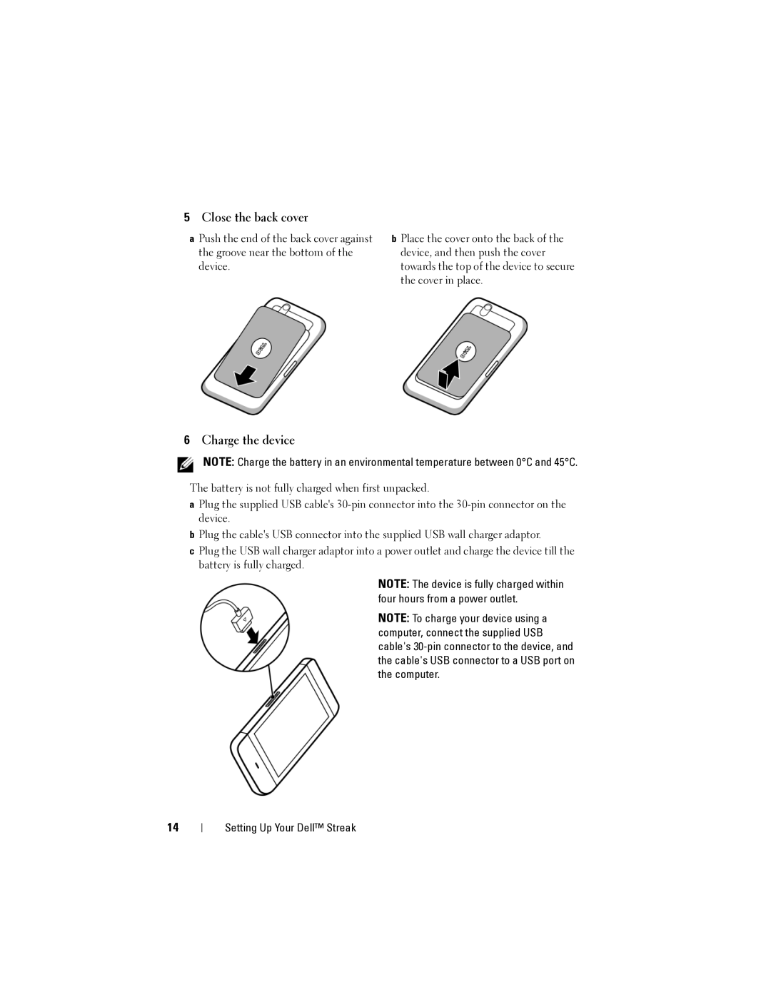 Dell Streak user manual Close the back cover, Charge the device 