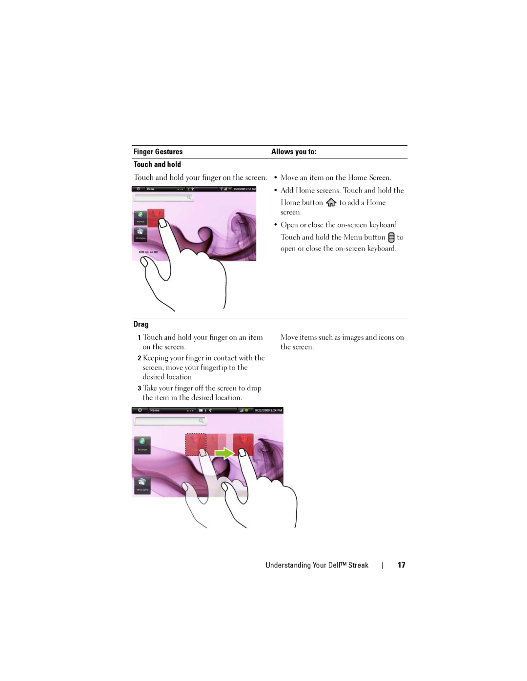 Dell Streak user manual Finger Gestures Allows you to Touch and hold, Drag 