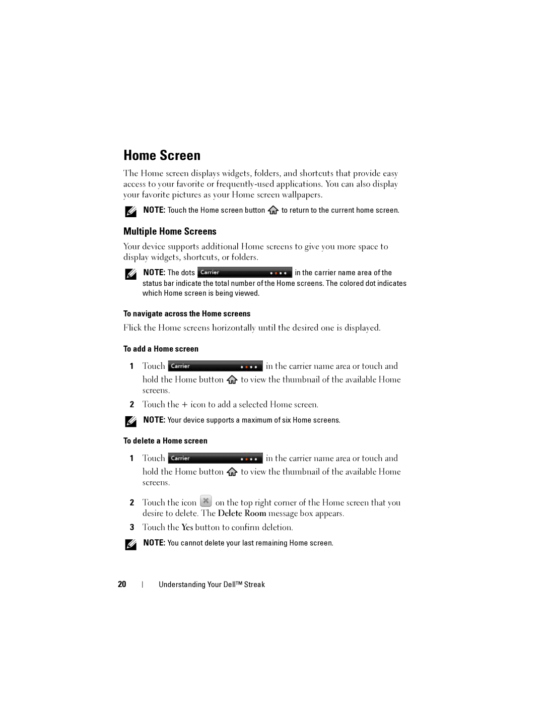 Dell Streak Multiple Home Screens, To navigate across the Home screens, To add a Home screen, To delete a Home screen 