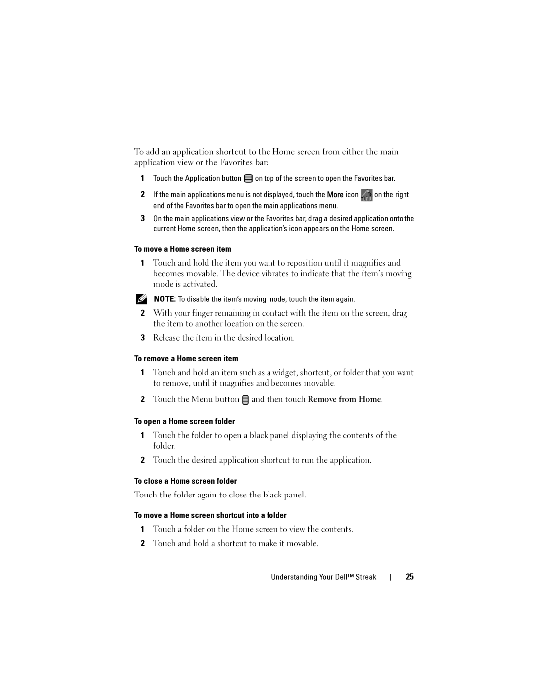Dell Streak user manual To move a Home screen item, To remove a Home screen item, To open a Home screen folder 