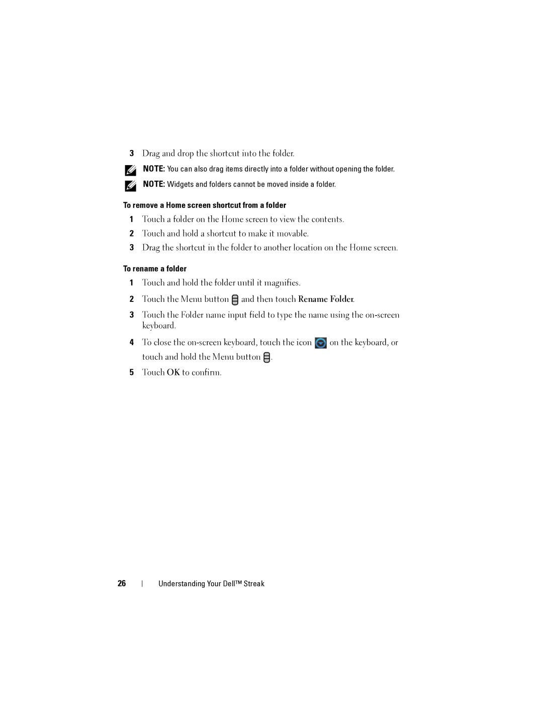 Dell Streak user manual To remove a Home screen shortcut from a folder, To rename a folder 