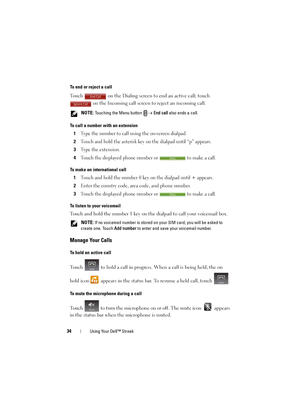 Dell Streak user manual Manage Your Calls 