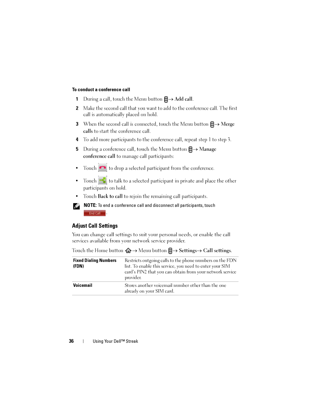 Dell Streak user manual Adjust Call Settings, To conduct a conference call, Fixed Dialing Numbers, Voicemail 