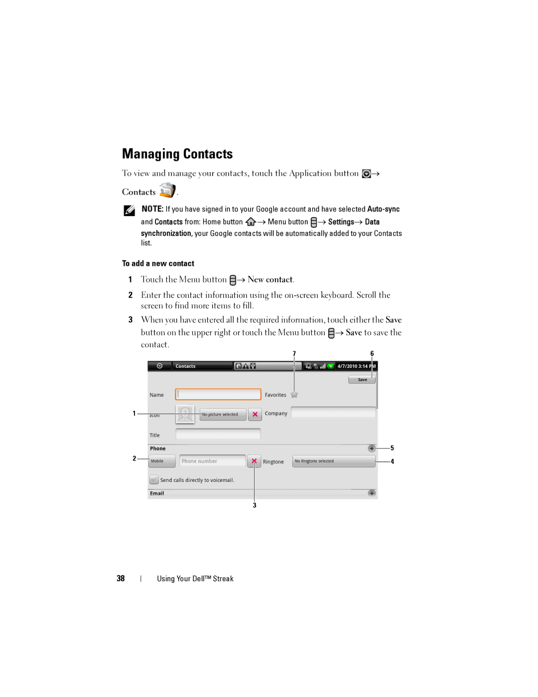 Dell Streak user manual Managing Contacts, To add a new contact 