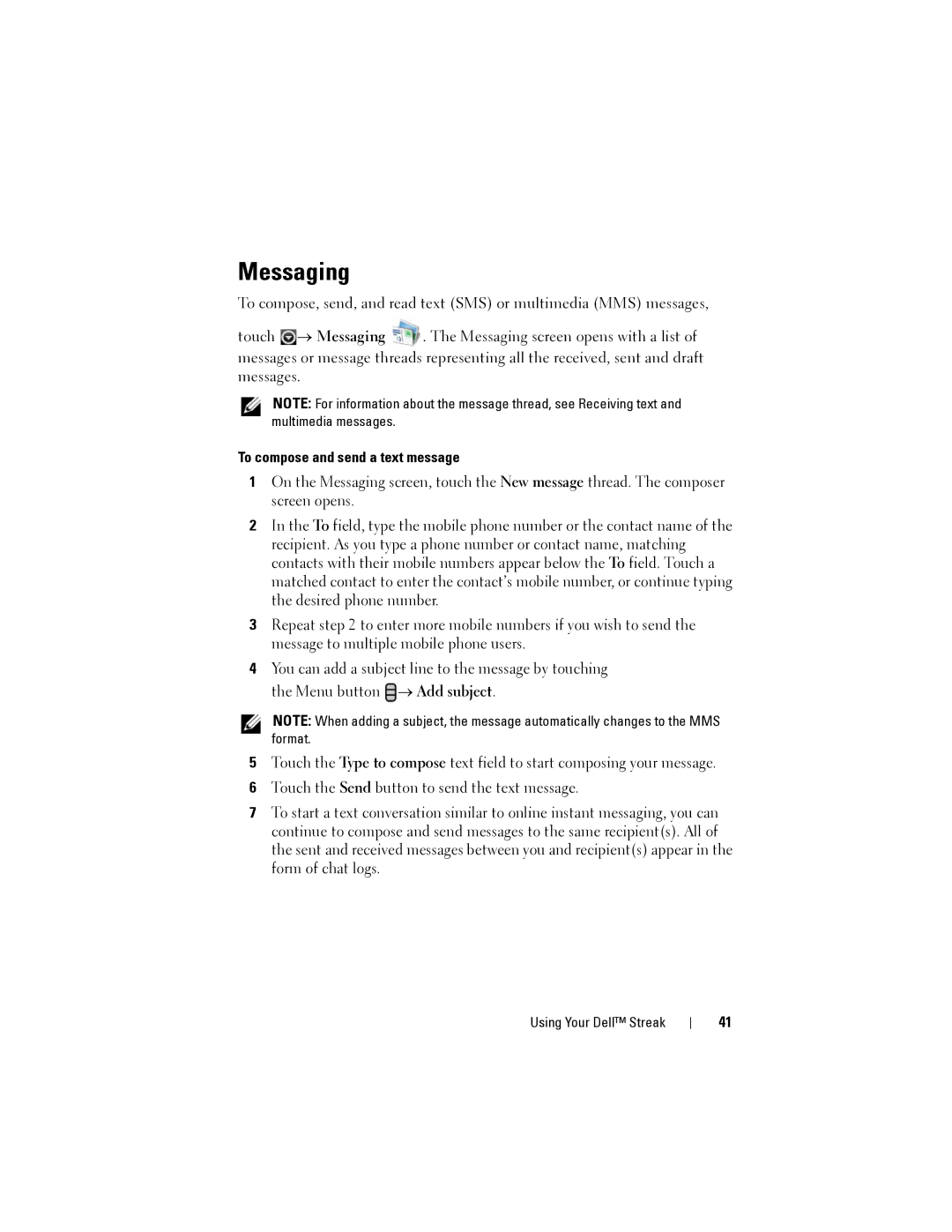 Dell Streak user manual Messaging, To compose and send a text message 