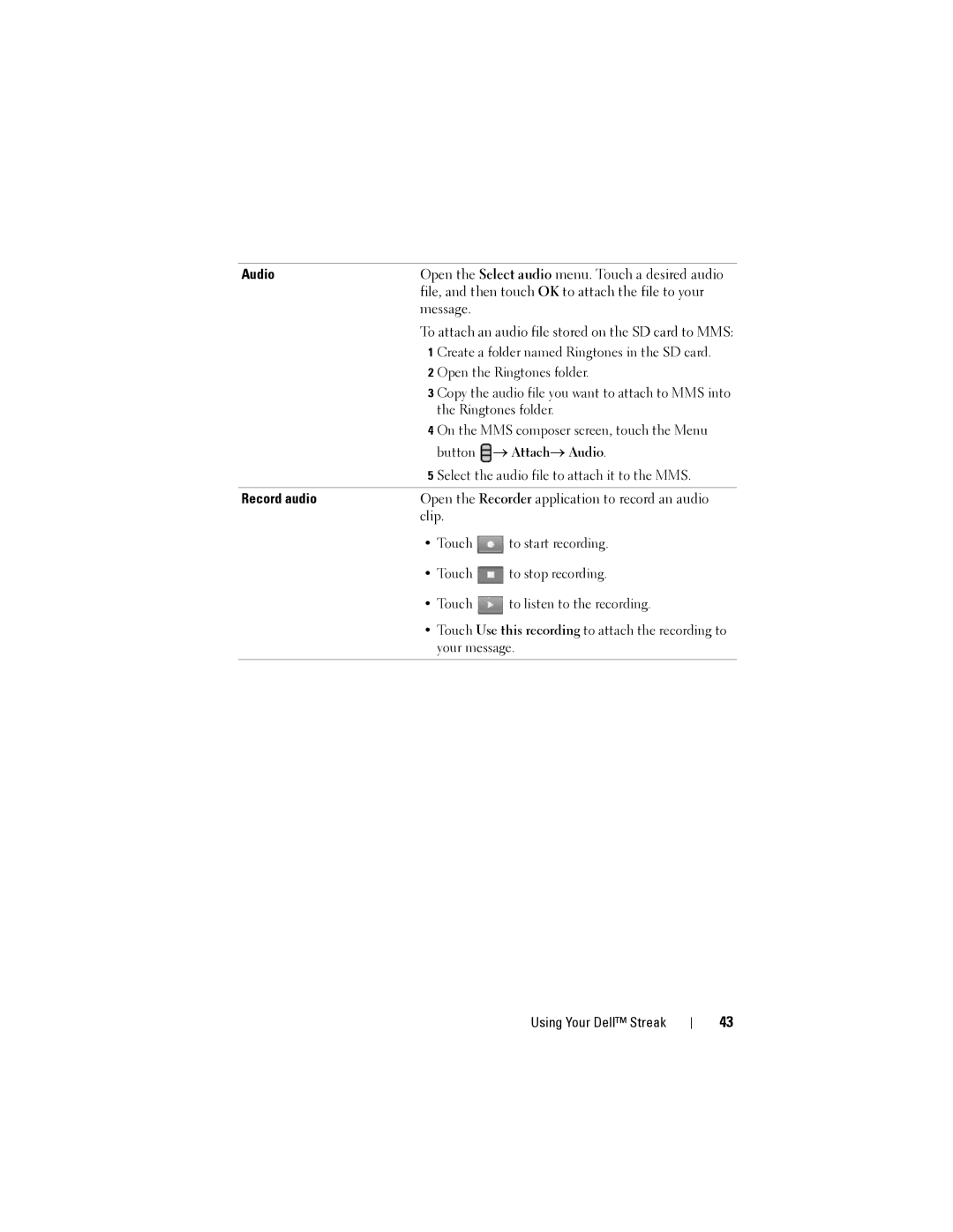 Dell Streak user manual Audio, Record audio 