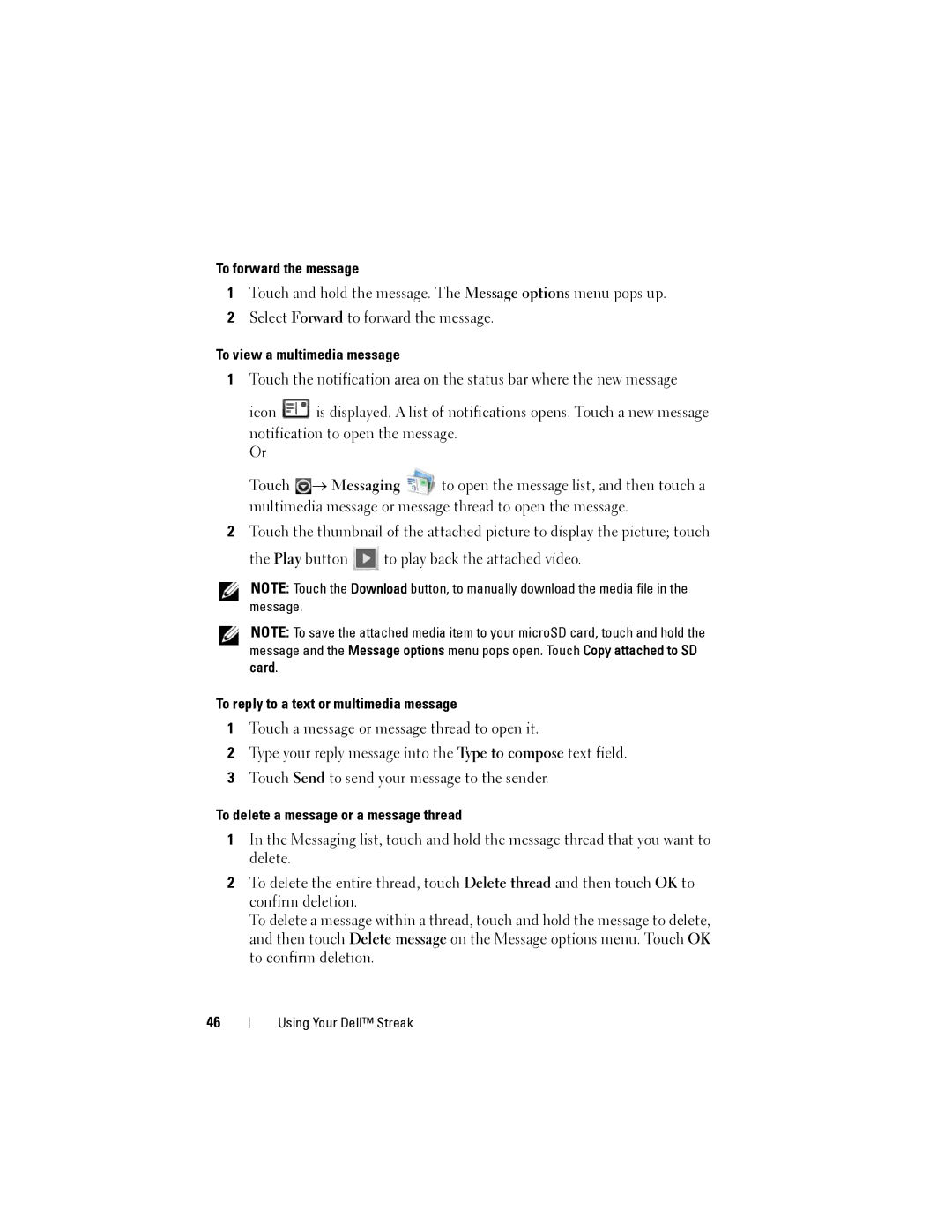 Dell Streak user manual To forward the message, To view a multimedia message, To reply to a text or multimedia message 