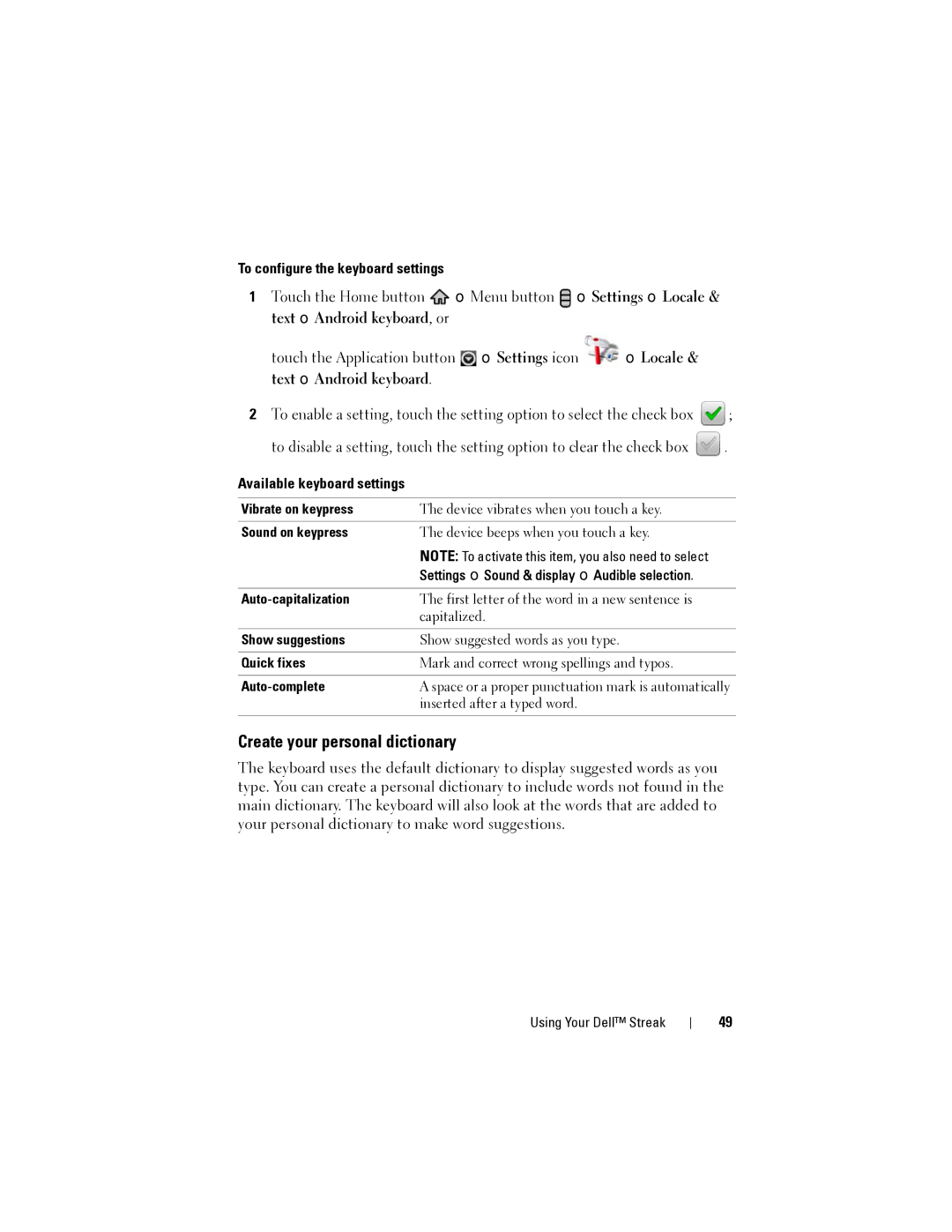Dell Streak Create your personal dictionary, To configure the keyboard settings, → Locale Text→ Android keyboard 