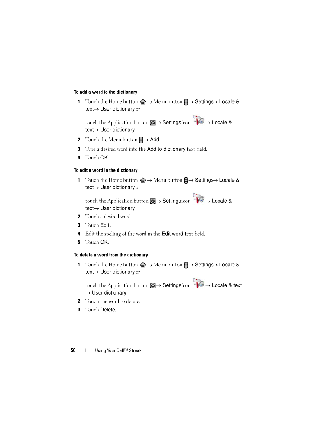 Dell Streak To add a word to the dictionary, To edit a word in the dictionary, To delete a word from the dictionary 