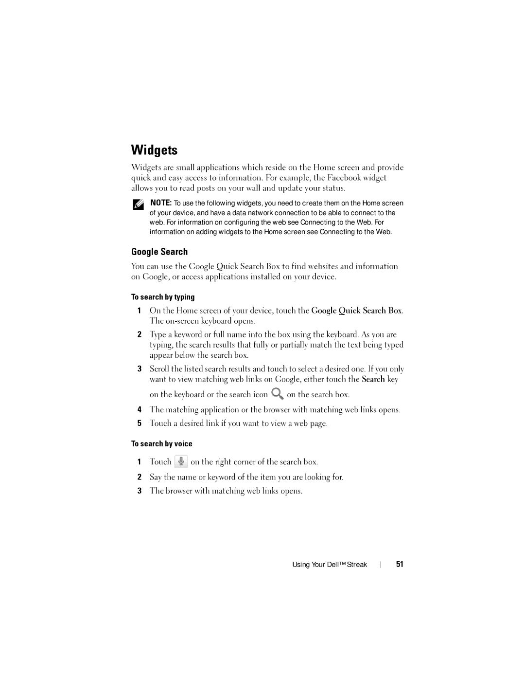 Dell Streak user manual Widgets, Google Search, To search by typing, To search by voice 