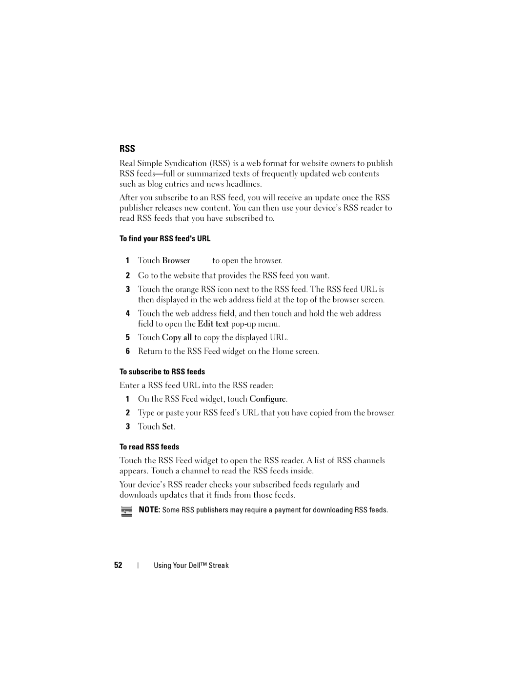 Dell Streak user manual To find your RSS feeds URL, To subscribe to RSS feeds, To read RSS feeds 