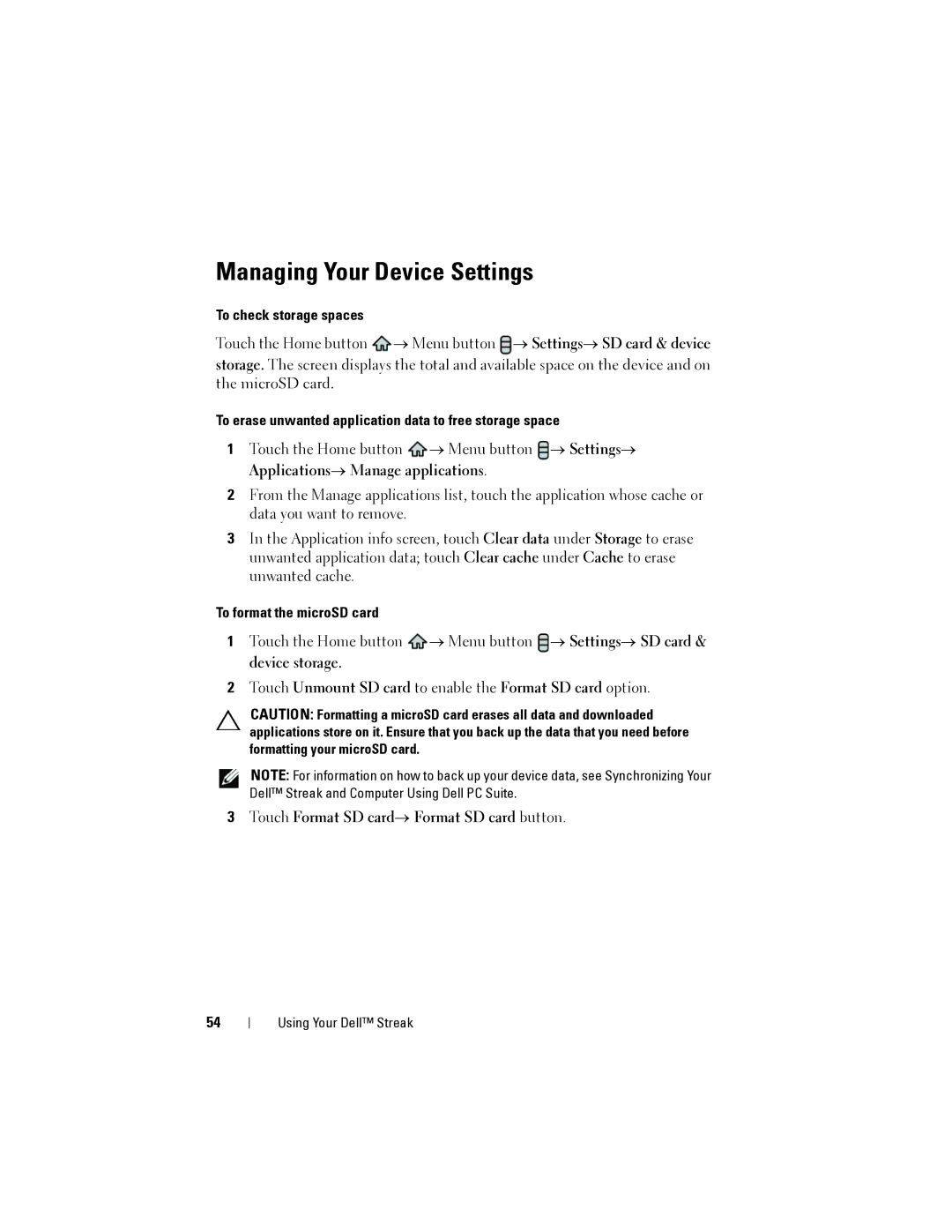 Dell Streak user manual Managing Your Device Settings, To check storage spaces, To format the microSD card 