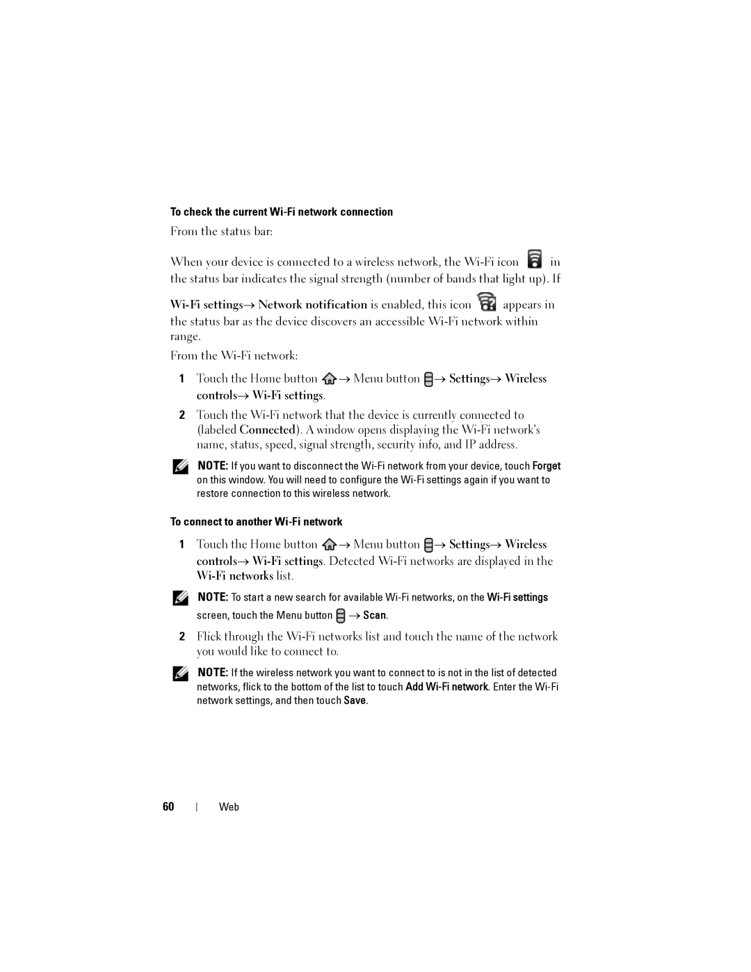 Dell Streak user manual To check the current Wi-Fi network connection, To connect to another Wi-Fi network 