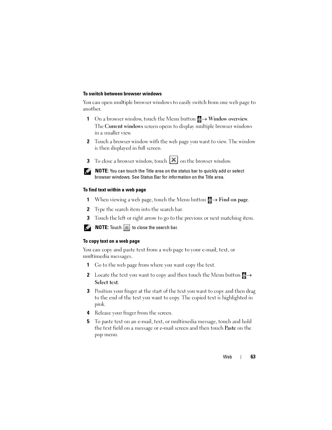 Dell Streak user manual To switch between browser windows, To find text within a web, To copy text on a web 