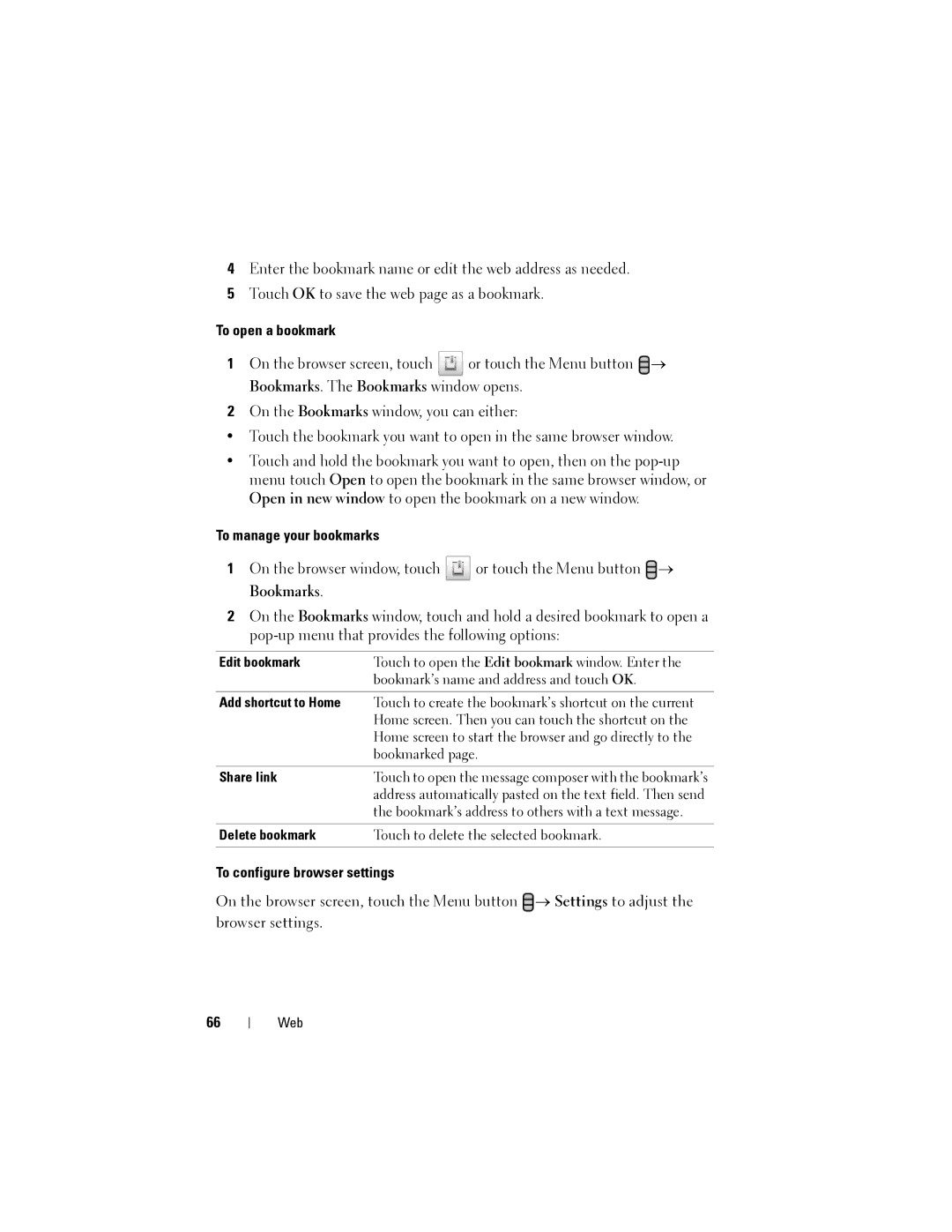 Dell Streak user manual To open a bookmark, To manage your bookmarks, To configure browser settings 