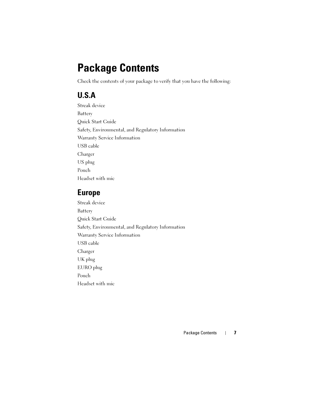 Dell Streak user manual Package Contents 