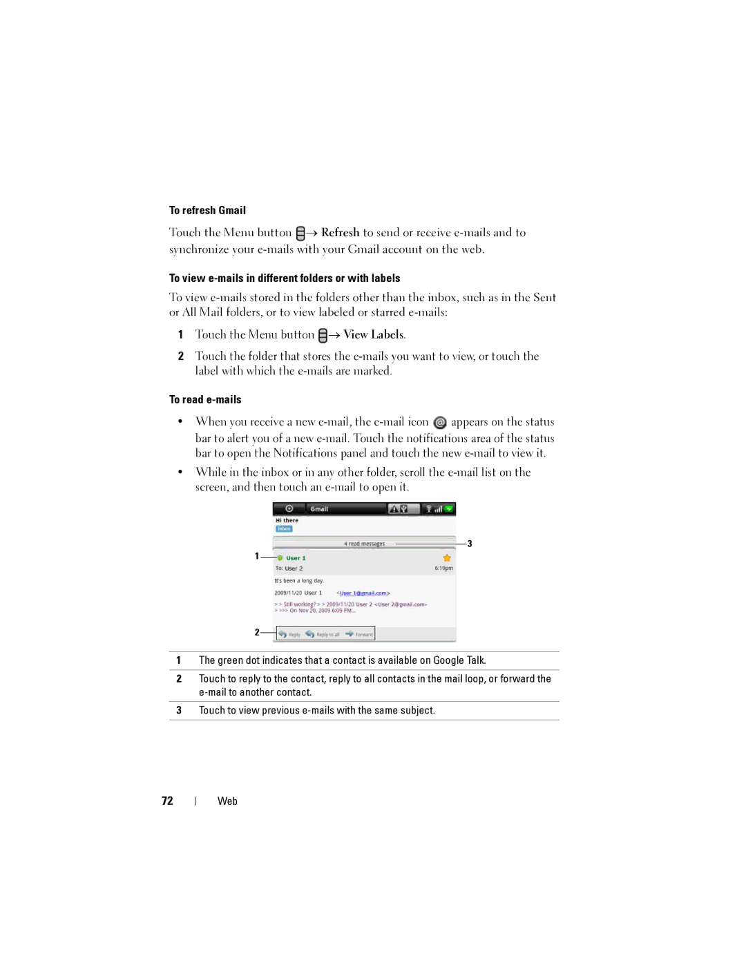 Dell Streak user manual To refresh Gmail, To view e-mails in different folders or with labels, To read e-mails 