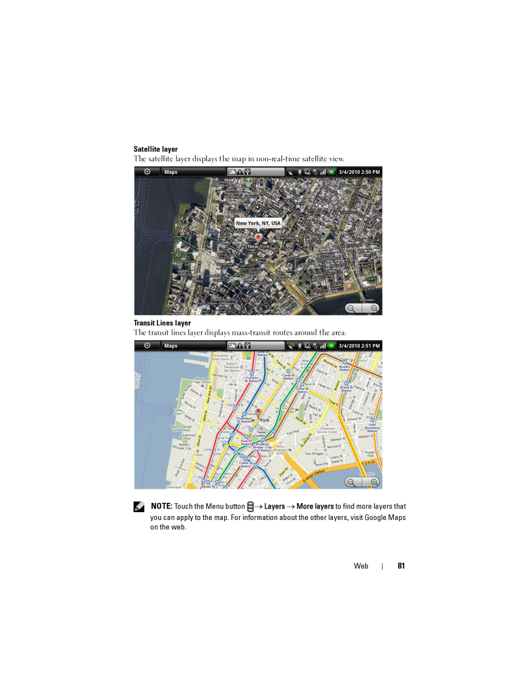 Dell Streak user manual Satellite layer, Transit Lines layer 