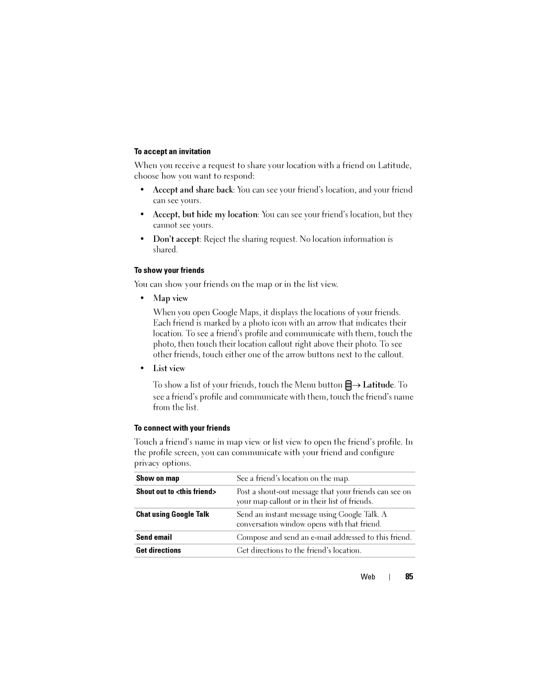 Dell Streak user manual To accept an invitation, To show your friends, Map view, List view, To connect with your friends 