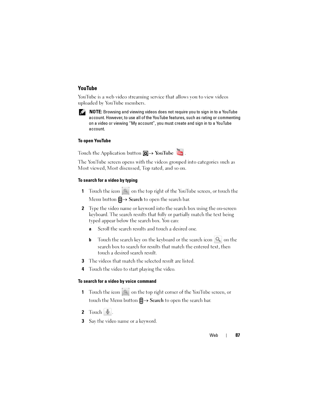 Dell Streak user manual To open YouTube, To search for a video by typing, To search for a video by voice command 