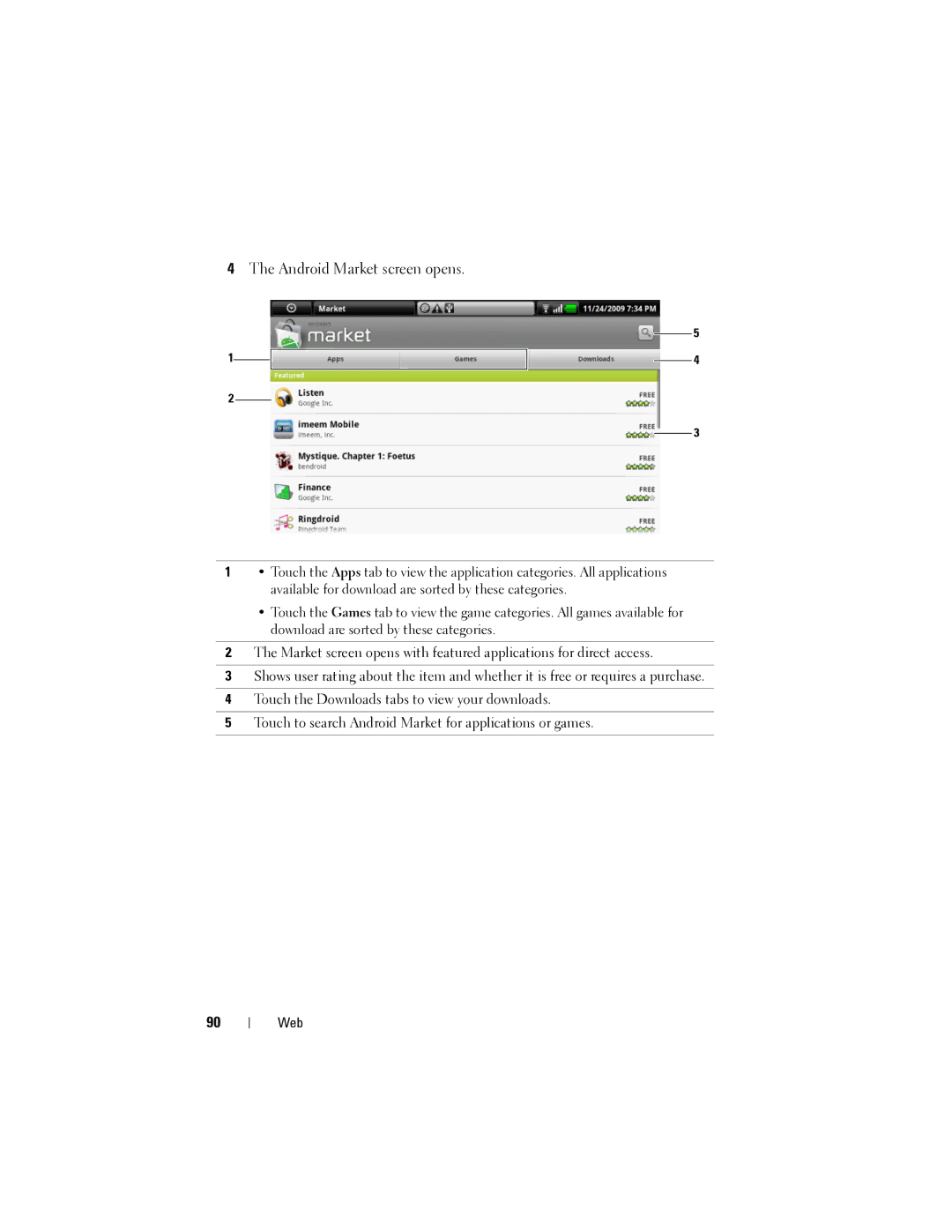 Dell Streak user manual Android Market screen opens 