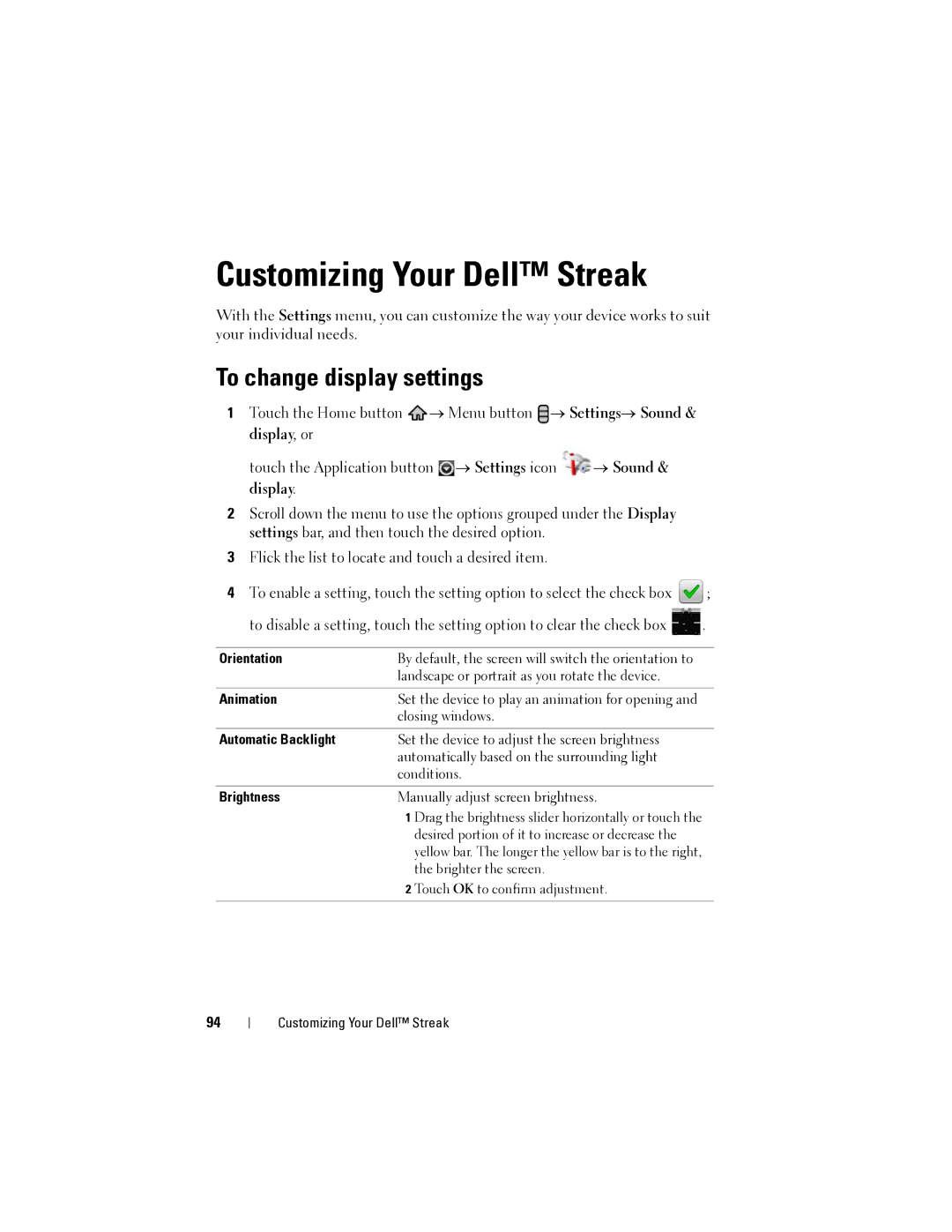 Dell user manual Customizing Your Dell Streak, To change display settings 