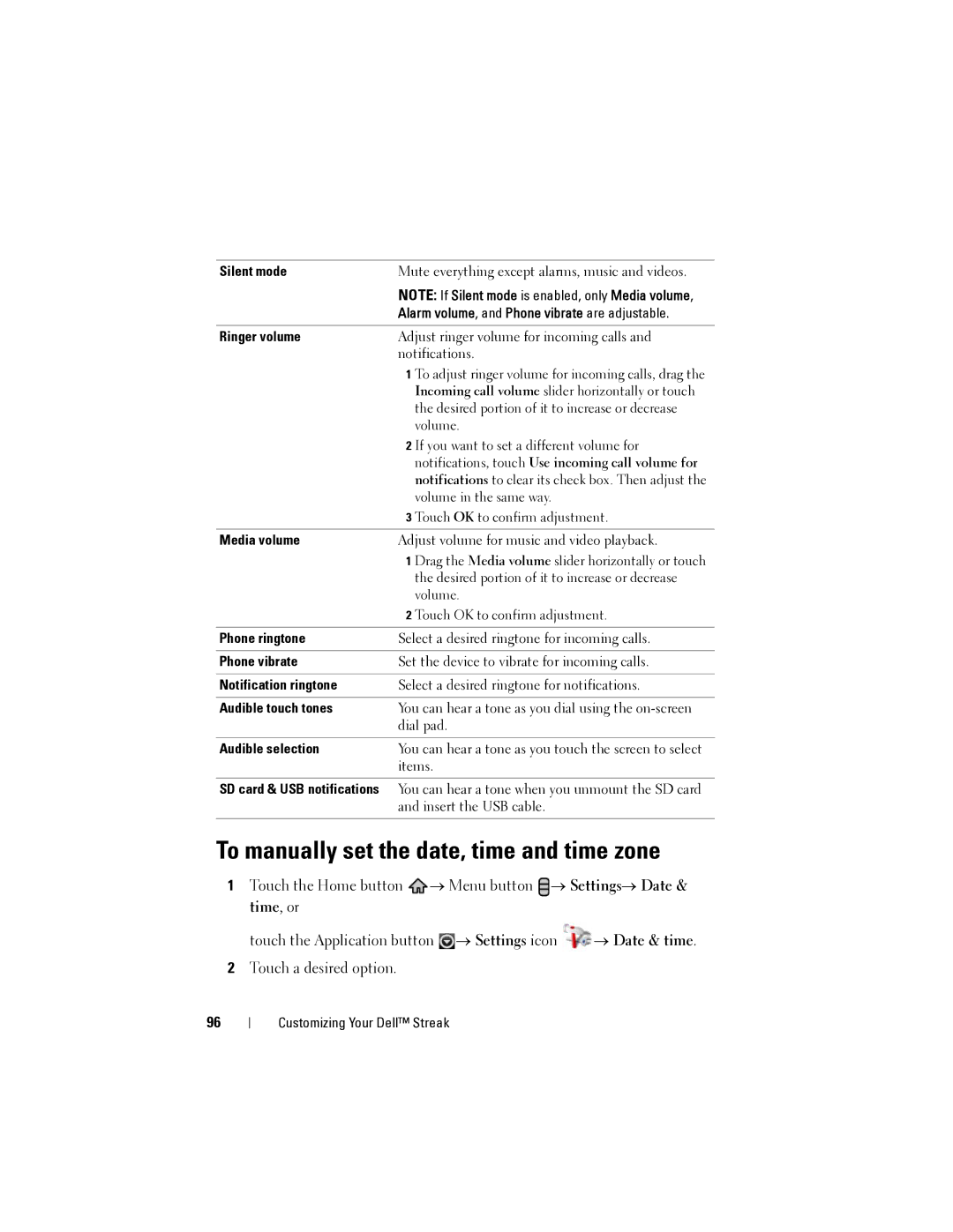 Dell Streak user manual To manually set the date, time and time zone 