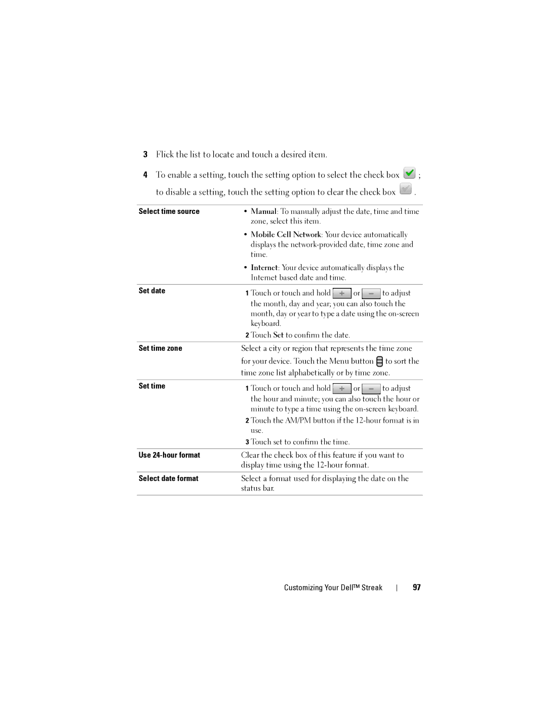 Dell Streak user manual Select time source, Set date, Set time zone, Use 24-hour format, Select date format 