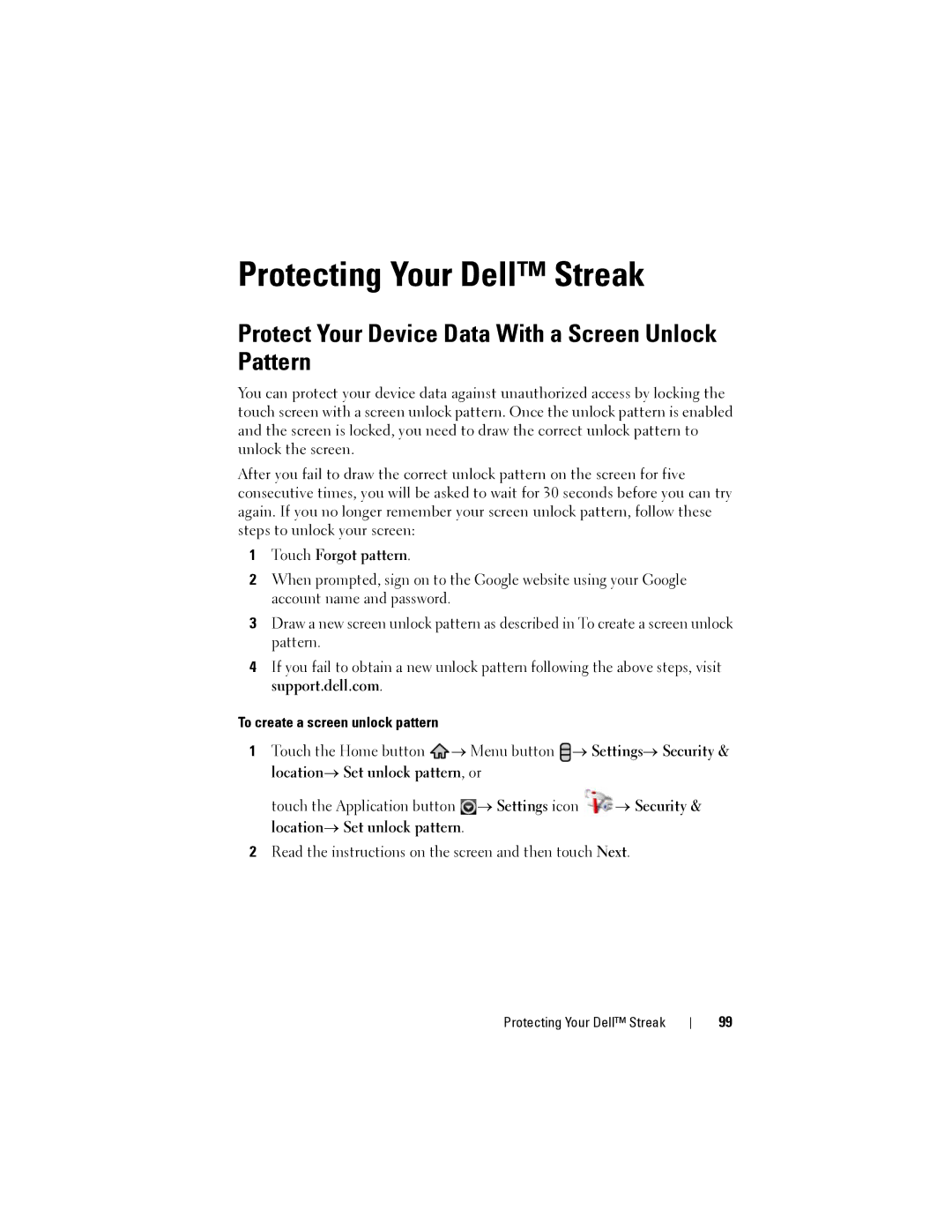 Dell Protecting Your Dell Streak, Protect Your Device Data With a Screen Unlock Pattern, Touch Forgot pattern 