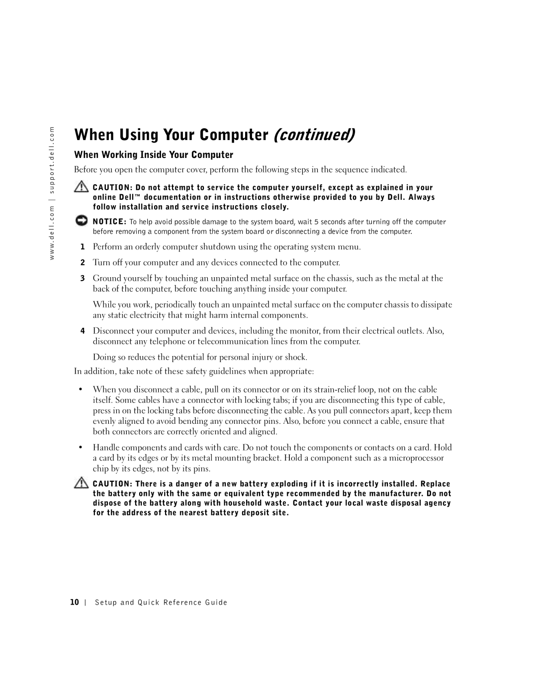 Dell SX manual When Working Inside Your Computer 