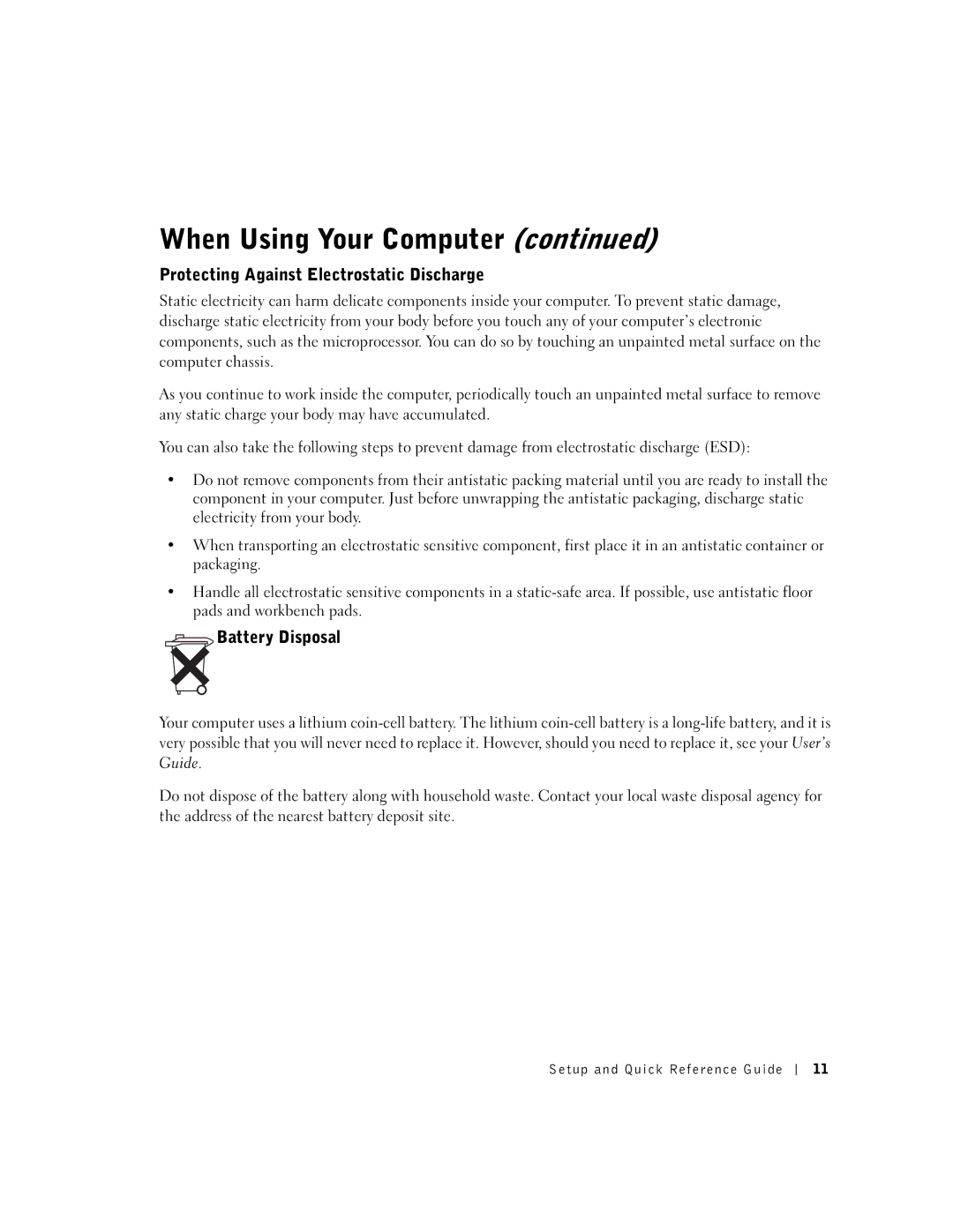 Dell SX manual Protecting Against Electrostatic Discharge, Battery Disposal 