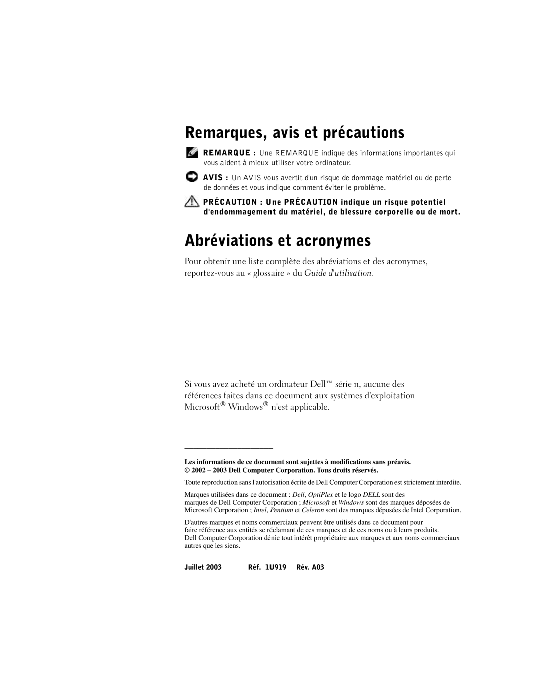 Dell SX manual Remarques, avis et précautions, Abréviations et acronymes 