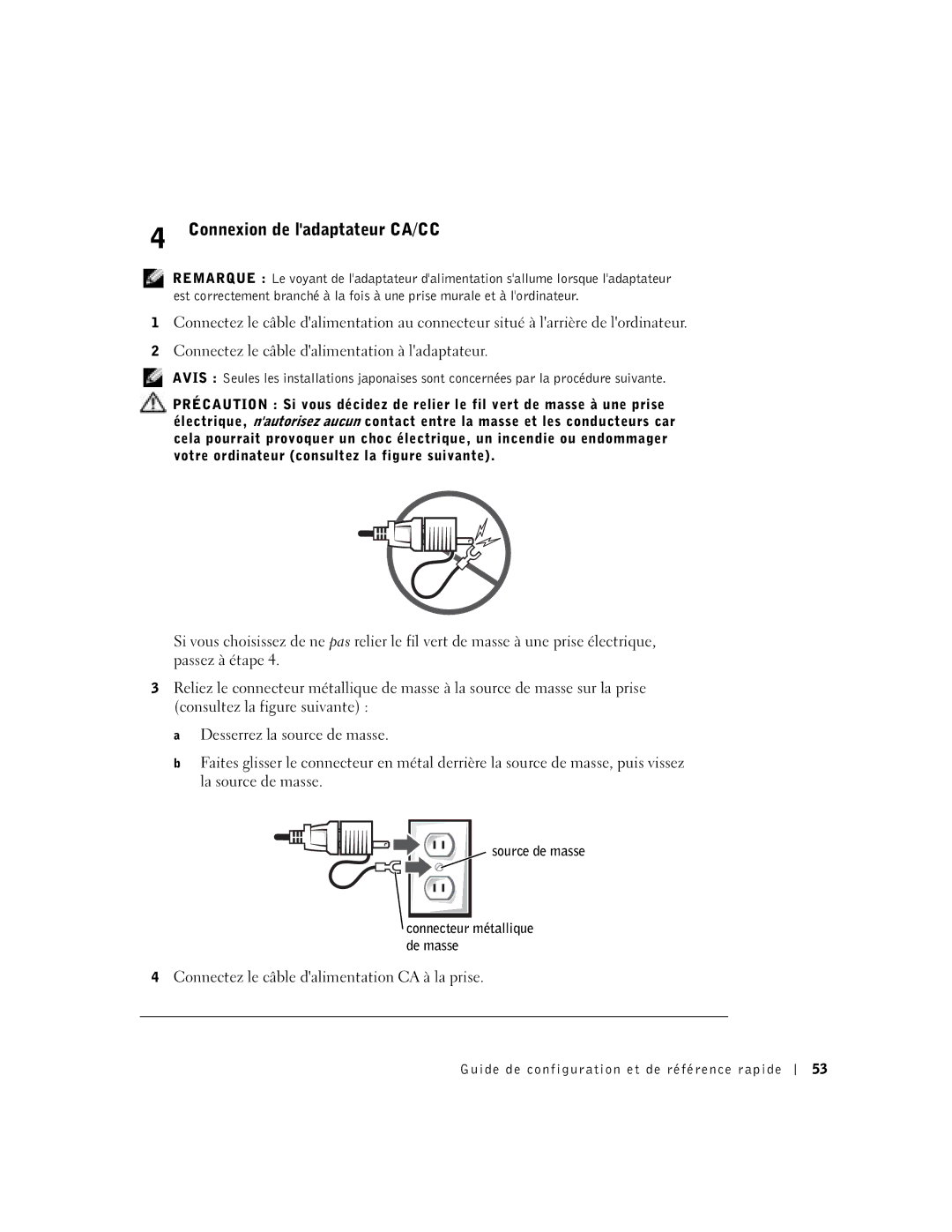 Dell SX manual Connexion de ladaptateur CA/CC, Connectez le câble dalimentation CA à la prise 