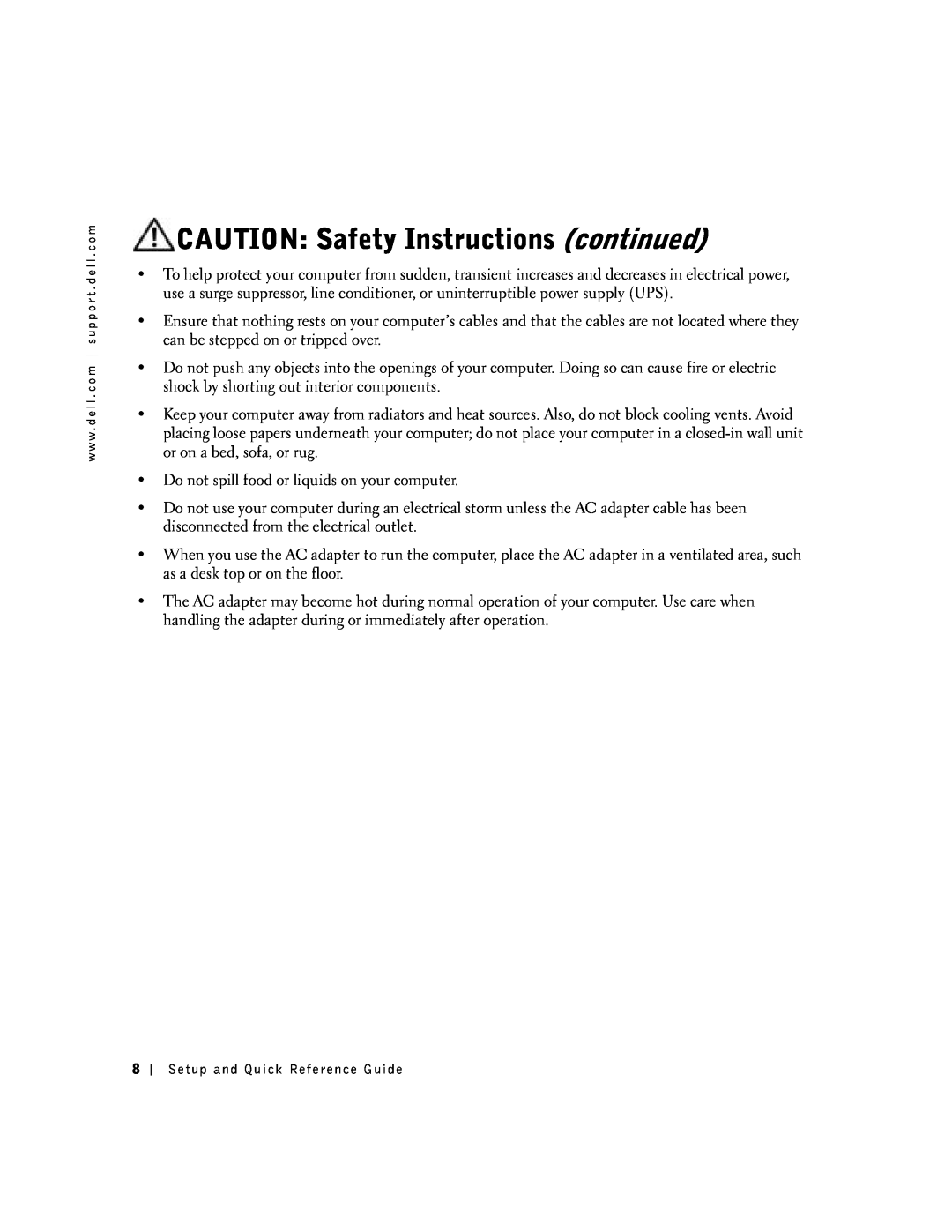 Dell SX manual CAUTION Safety Instructions continued 