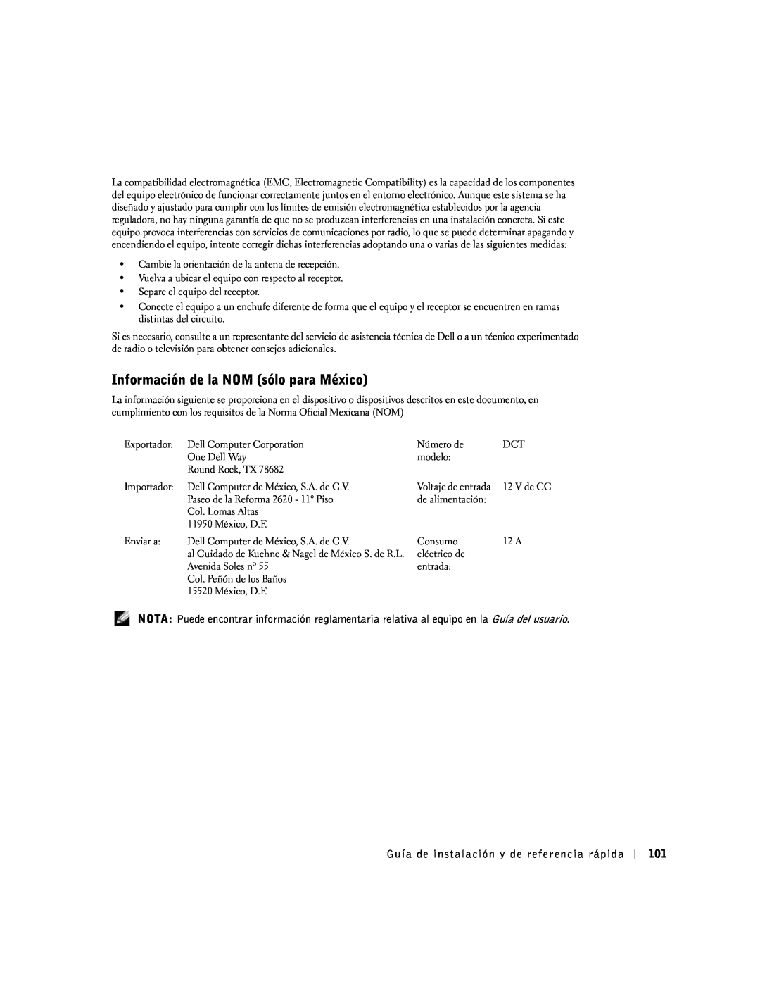 Dell SX manual Información de la NOM sólo para México 