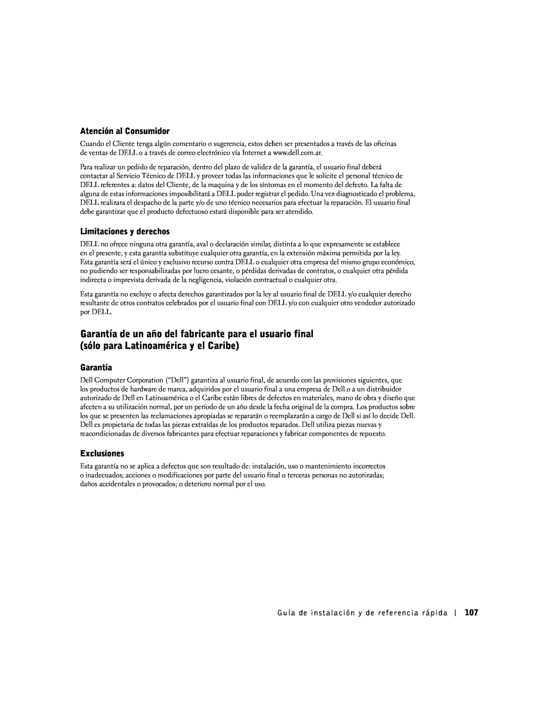 Dell SX manual Atención al Consumidor, Limitaciones y derechos, Garantía, Exclusiones 