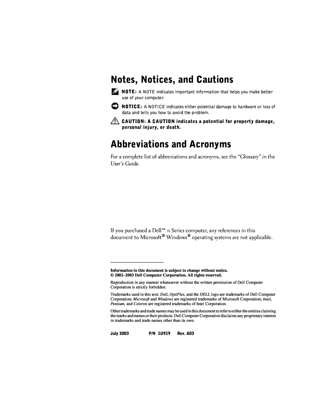 Dell SX manual Notes, Notices, and Cautions, Abbreviations and Acronyms, User’s Guide 
