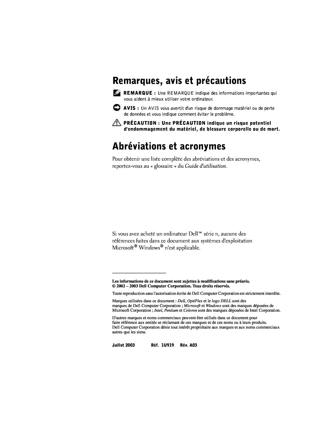 Dell SX manual Remarques, avis et précautions, Abréviations et acronymes, Juillet, Réf. 1U919 Rév. A03 