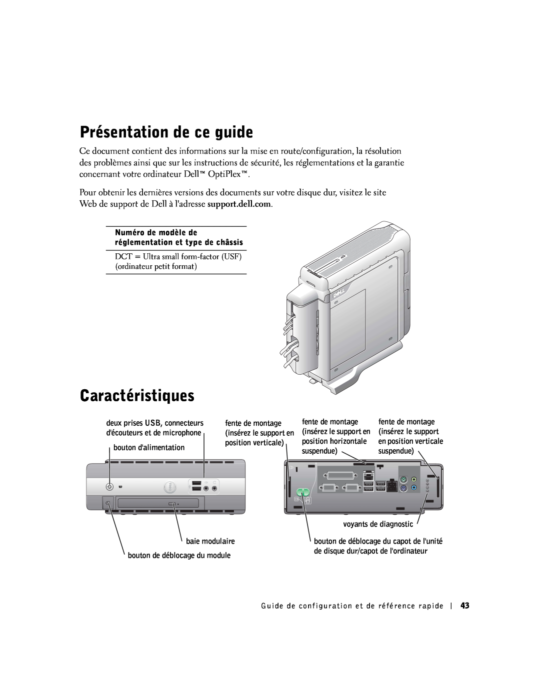 Dell SX Présentation de ce guide, Caractéristiques, Numéro de modèle de réglementation et type de châssis, baie modulaire 