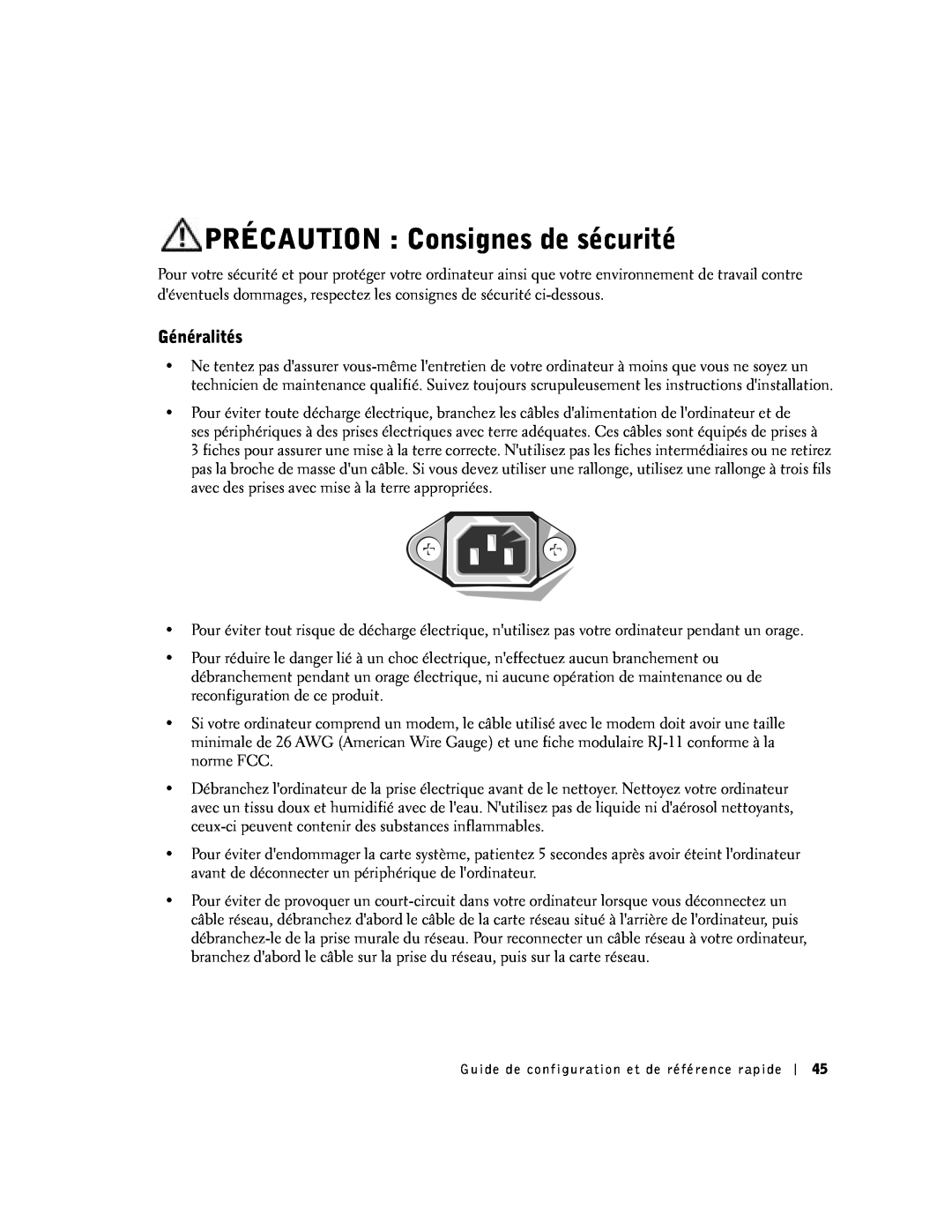Dell SX manual PRÉCAUTION Consignes de sécurité, Généralités 