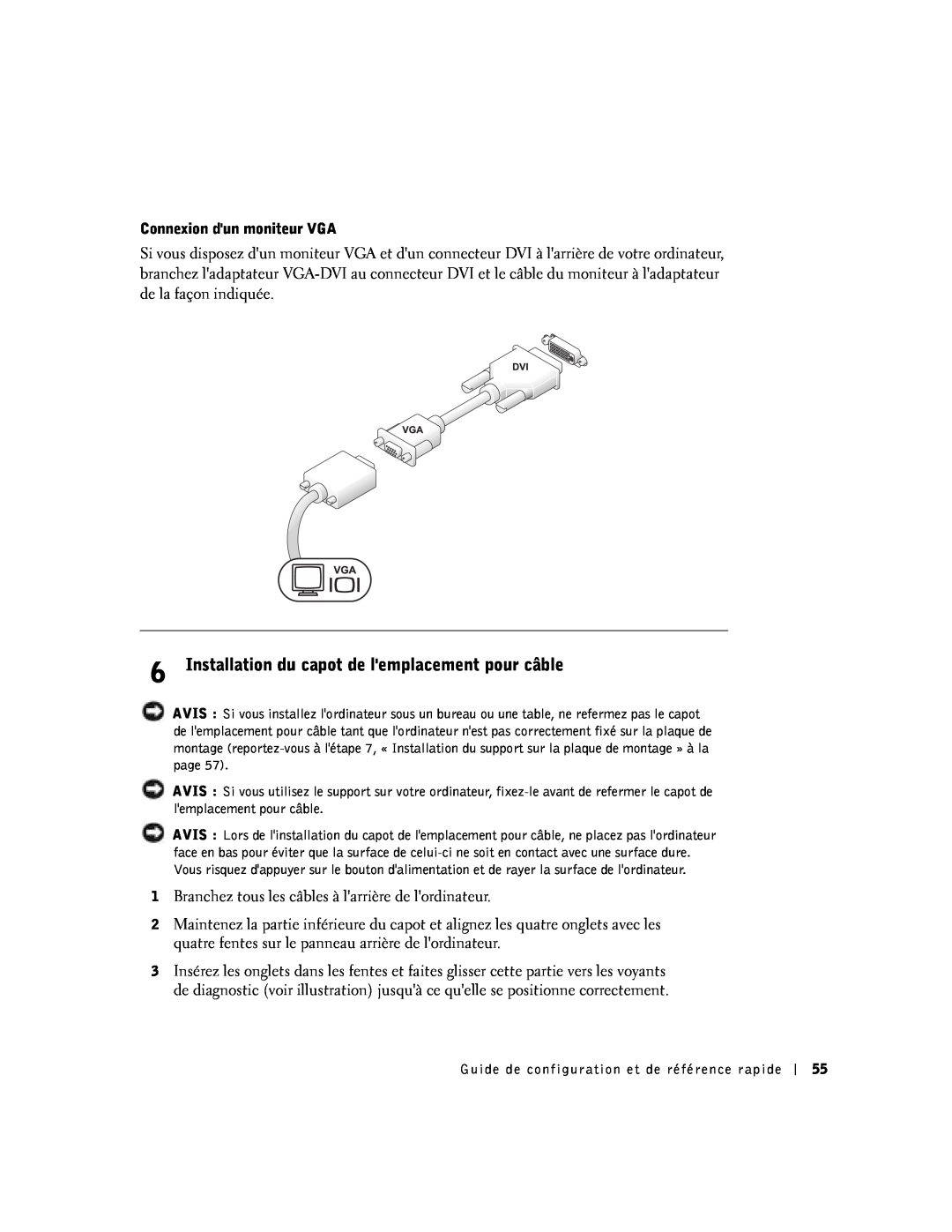 Dell SX manual Installation du capot de lemplacement pour câble 