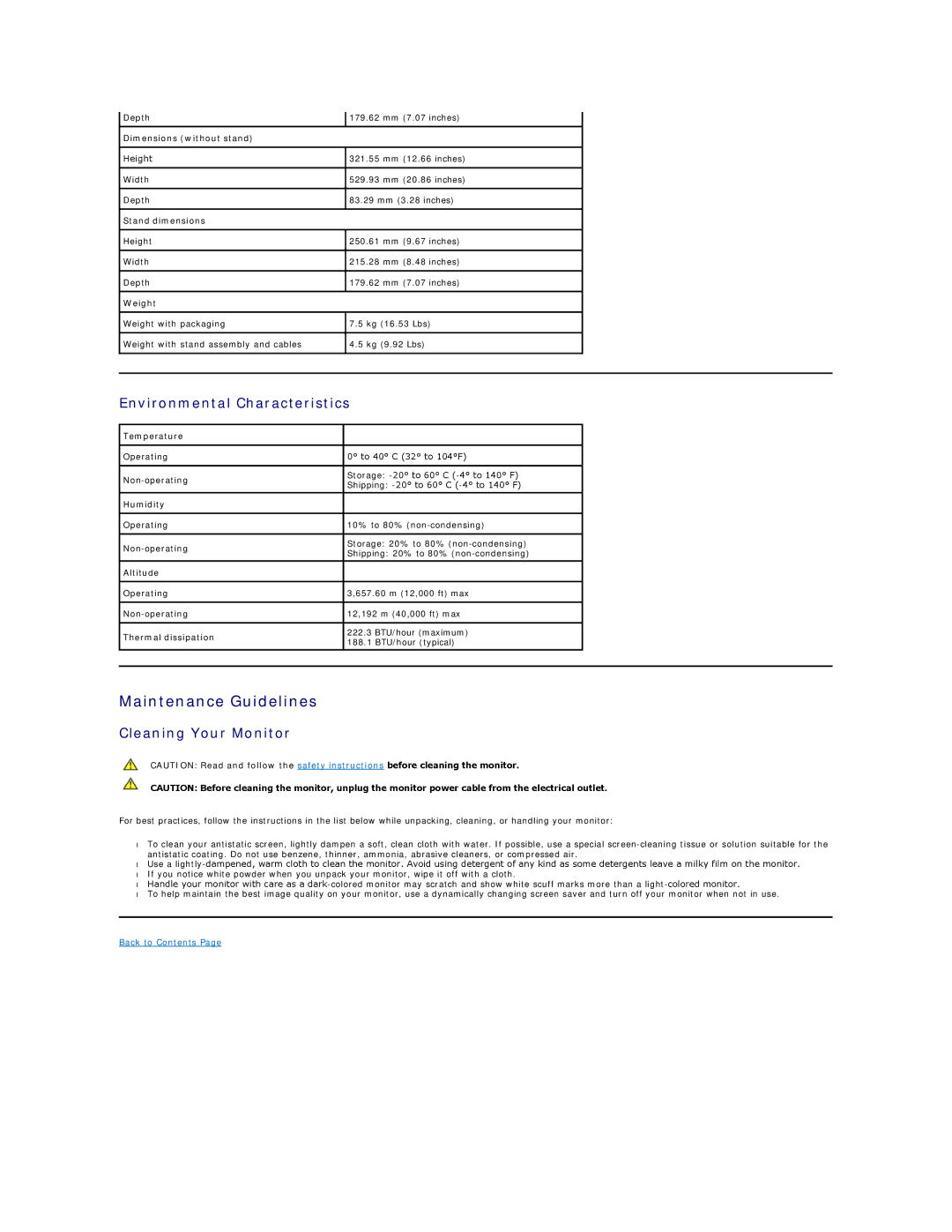 Dell SX2210B appendix Maintenance Guidelines, Environmental Characteristics, Cleaning Your Monitor 