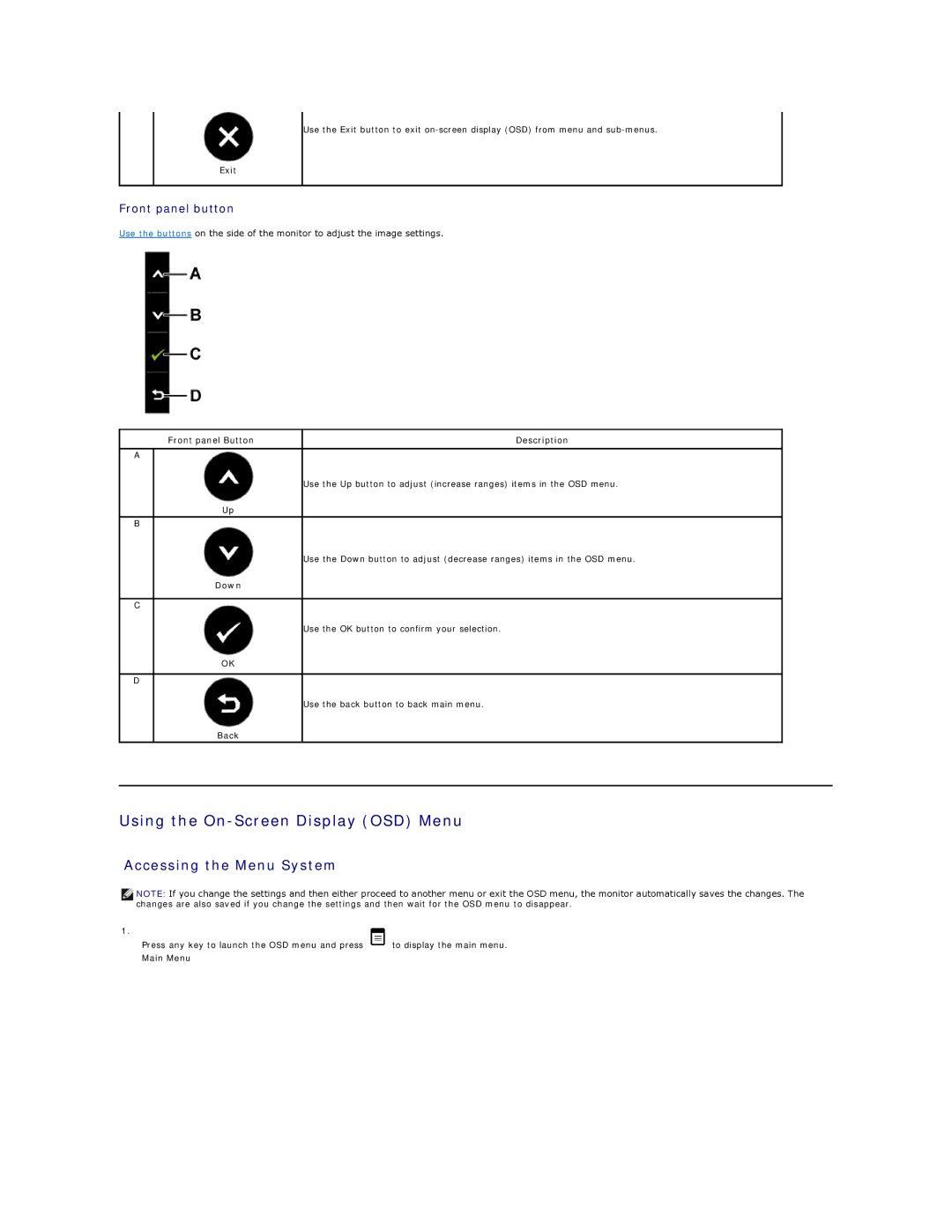 Dell SX2210B appendix Using the On-Screen Display OSD Menu, Accessing the Menu System, Front panel button 