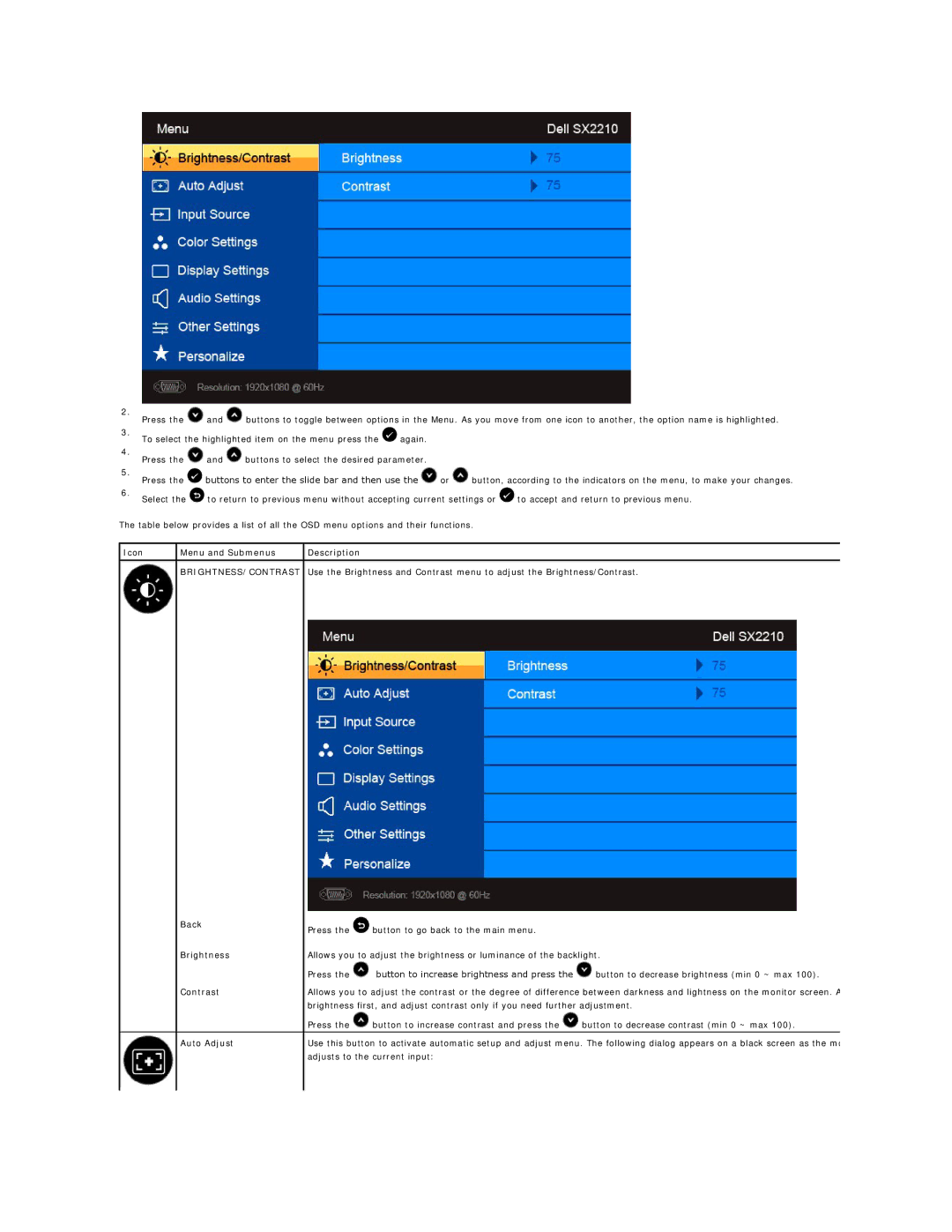 Dell SX2210B appendix Icon Menu and Submenus, Brightness/Contrast, Back Brightness Contrast Auto Adjust 